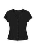Pointelle Button-Front Short Sleeve Top in Cotton