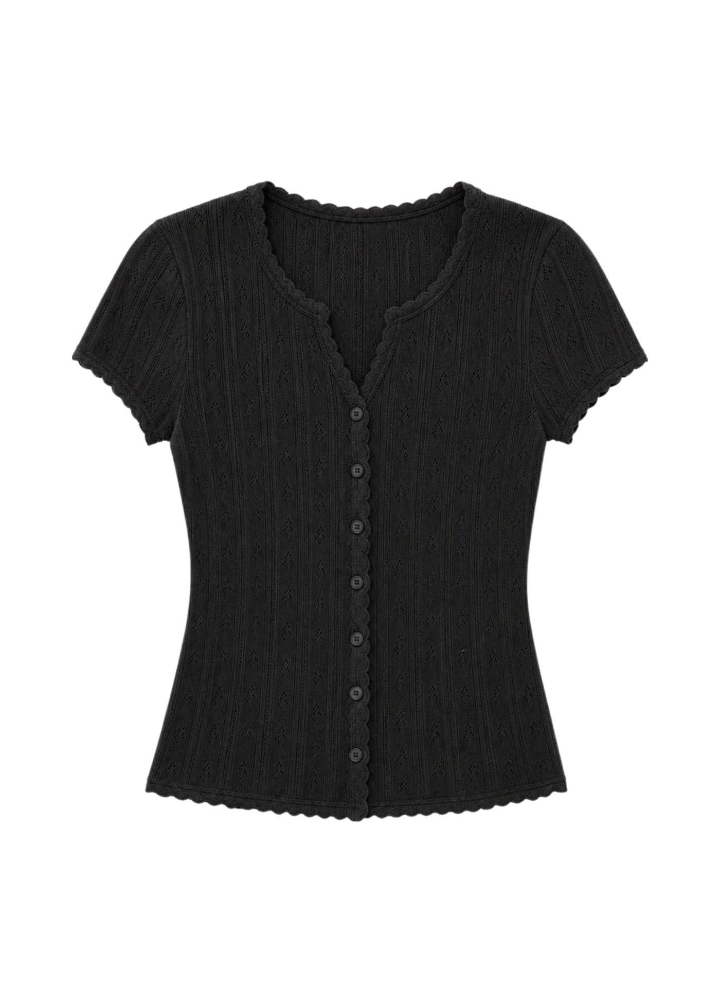 Pointelle Button-Front Short Sleeve Top in Cotton