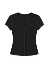 Pointelle Button-Front Short Sleeve Top in Cotton