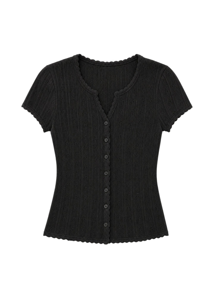 Pointelle Button-Front Short Sleeve Top in Cotton