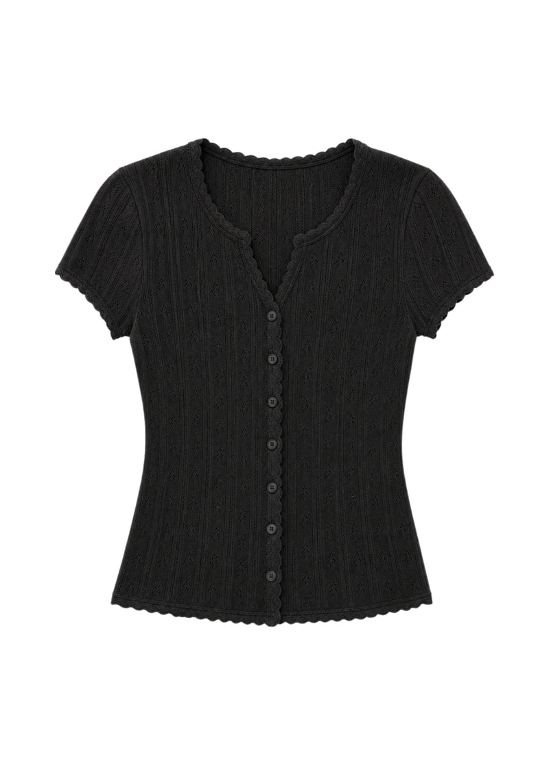 Pointelle Button-Front Short Sleeve Top in Cotton