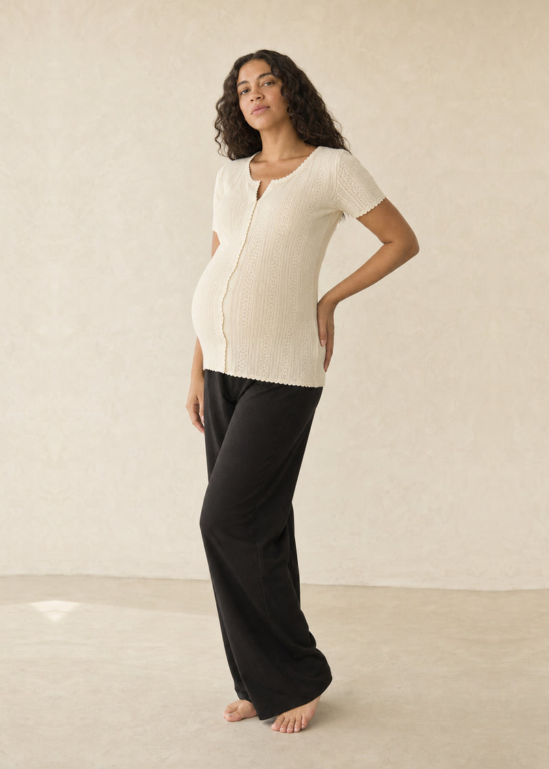 Pointelle Button-Front Short Sleeve Top in Cotton in Natural — on model