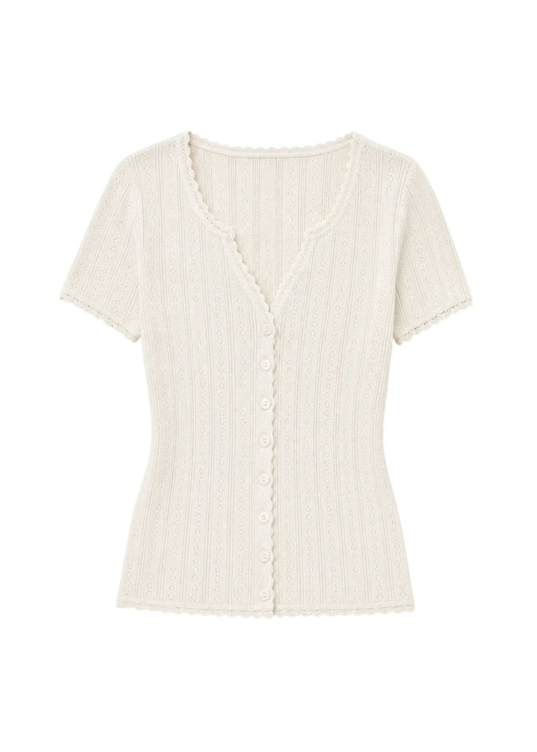 Pointelle Button-Front Short Sleeve Top in Cotton