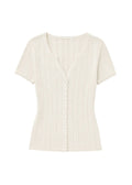Pointelle Button-Front Short Sleeve Top in Cotton