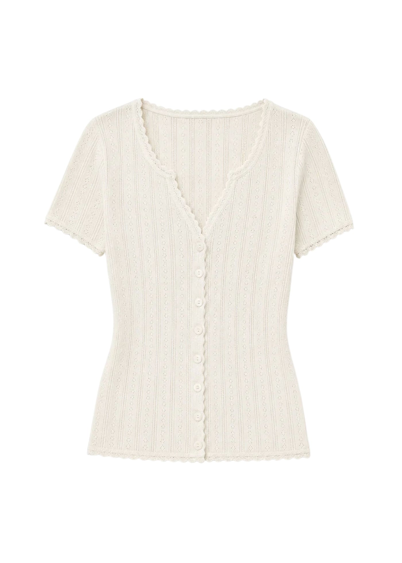 Pointelle Button-Front Short Sleeve Top in Cotton