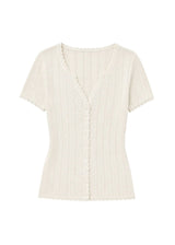 Pointelle Button-Front Short Sleeve Top in Cotton