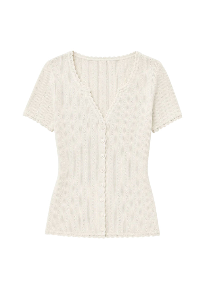 Pointelle Button-Front Short Sleeve Top in Cotton