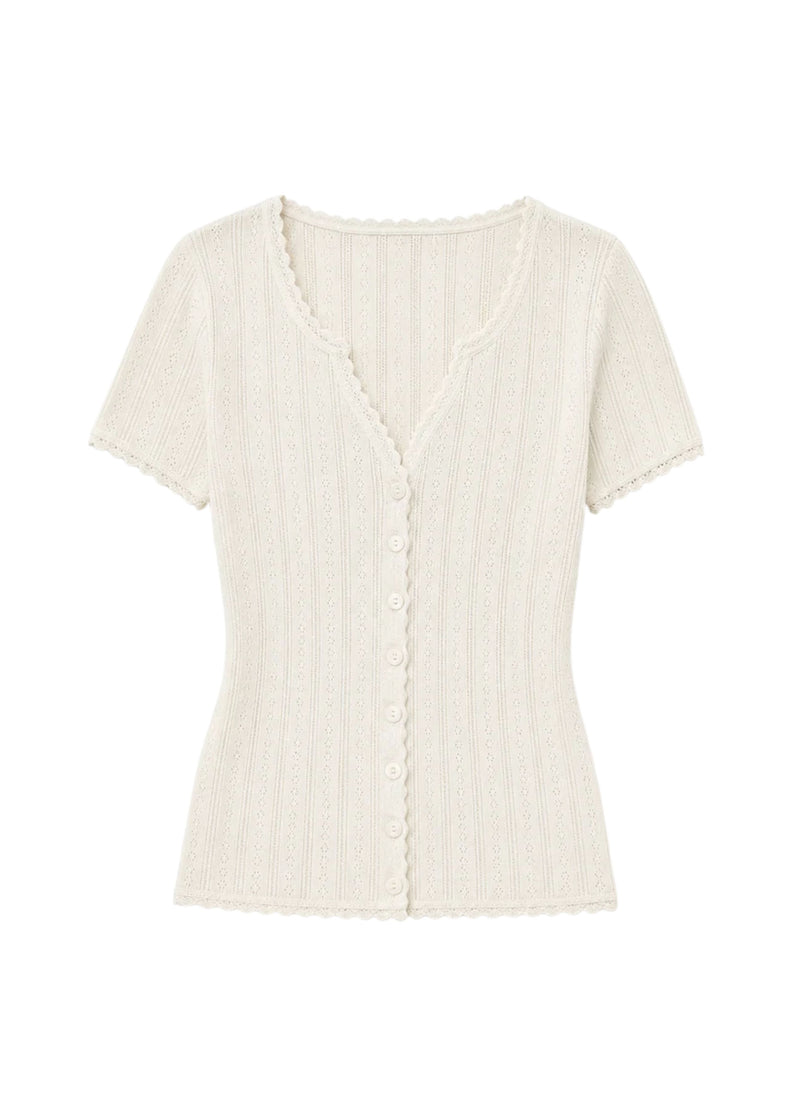 Pointelle Button-Front Short Sleeve Top in Cotton