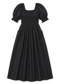 Puff Sleeve Smocked Bodice Midi Dress in Cotton in Black — flat lay