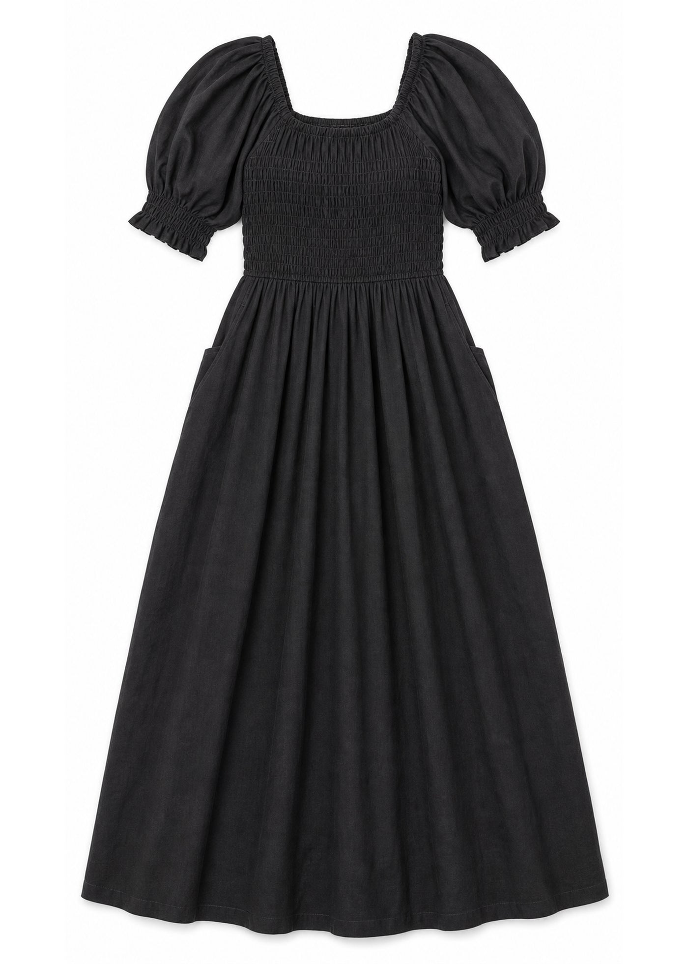 Puff Sleeve Smocked Bodice Midi Dress in Cotton in Black — flat lay
