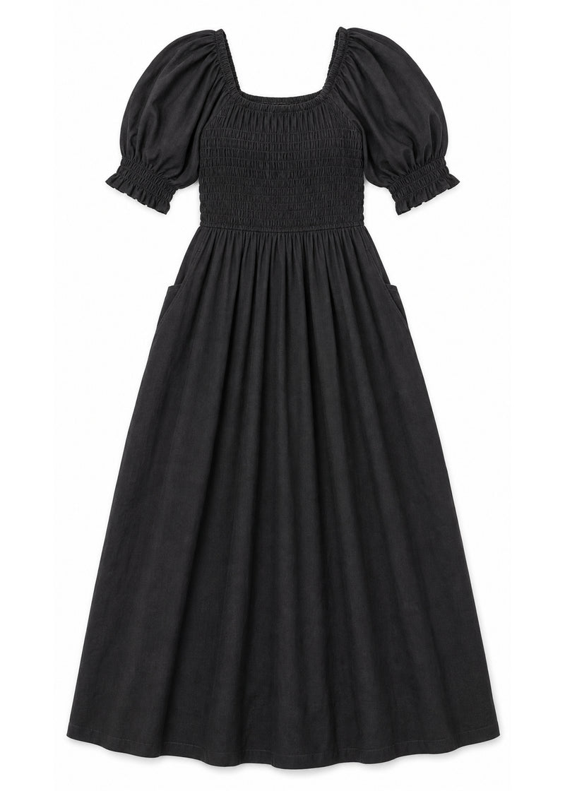 Puff Sleeve Smocked Bodice Midi Dress in Cotton in Black — flat lay