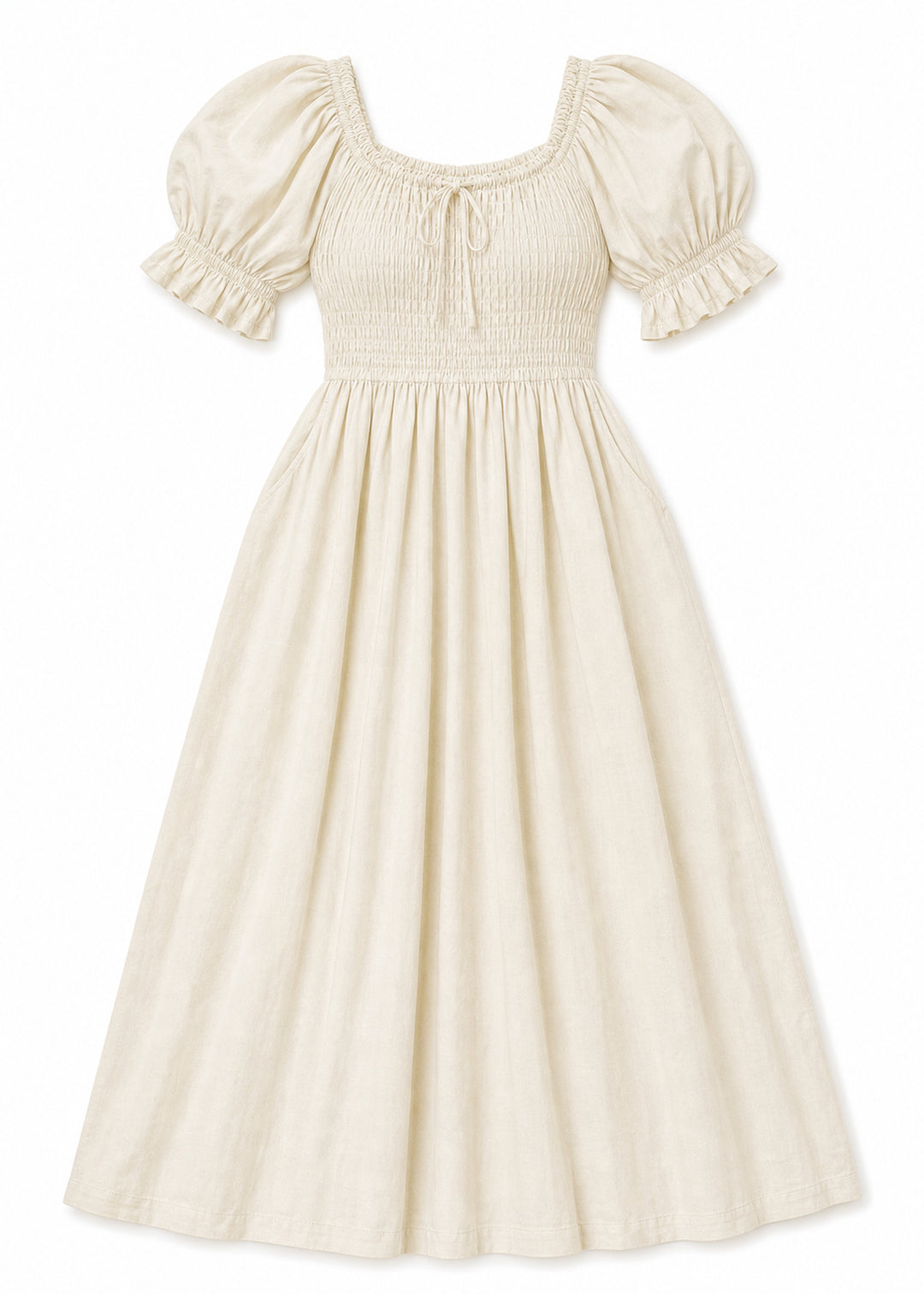 Puff Sleeve Smocked Bodice Midi Dress in Cotton in Natural — flat lay