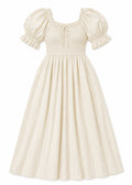 Puff Sleeve Smocked Bodice Midi Dress in Cotton in Natural — flat lay