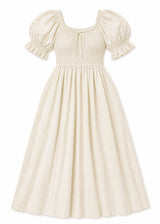 Puff Sleeve Smocked Bodice Midi Dress in Cotton in Natural — flat lay