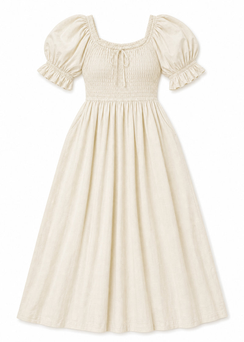Puff Sleeve Smocked Bodice Midi Dress in Cotton in Natural — flat lay