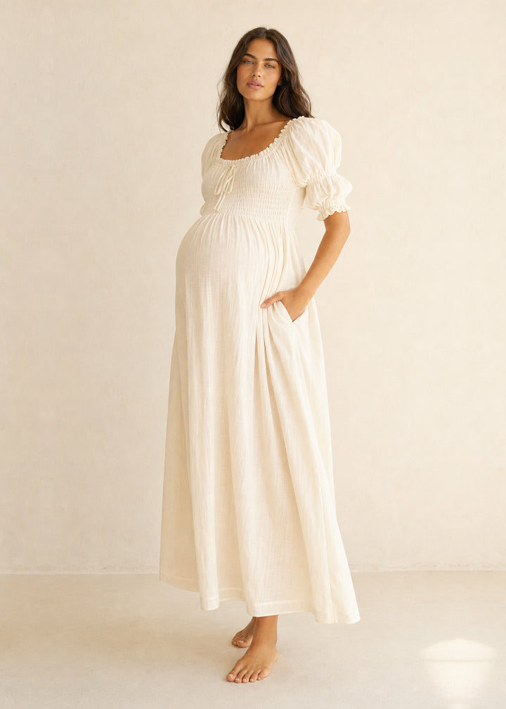 Puff Sleeve Smocked Bodice Midi Dress in Cotton in Natural — on model
