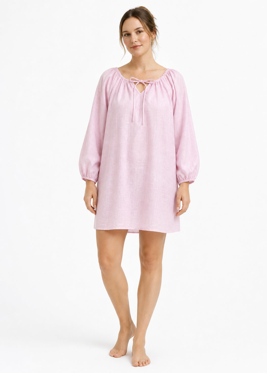 Gathered-Neck Sleep Dress in Pink - on model