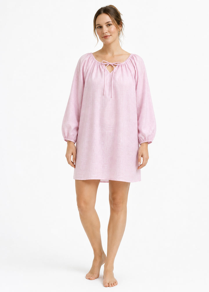Gathered-Neck Sleep Dress in Pink - on model
