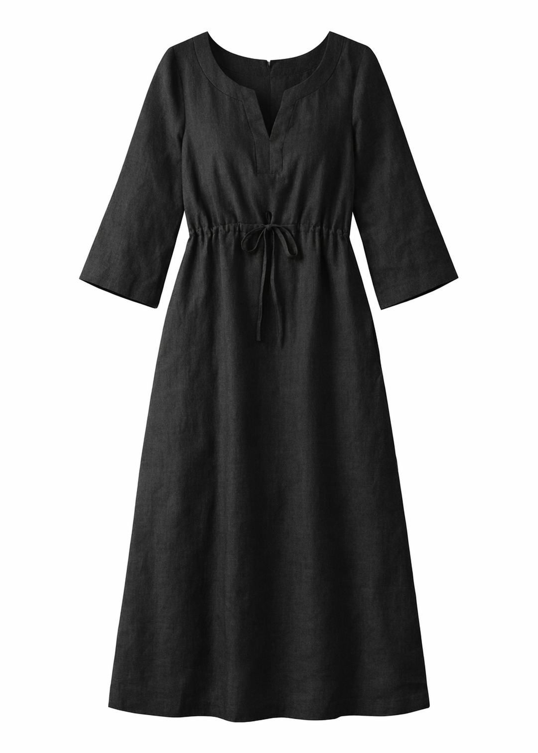 Gathered Empire-Waist Linen Midi Dress in Linen in Black — flat lay