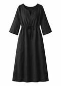 Gathered Empire-Waist Linen Midi Dress in Linen in Black — flat lay