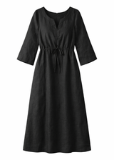Gathered Empire-Waist Linen Midi Dress in Linen in Black — flat lay