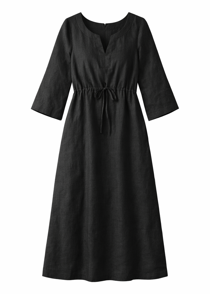 Gathered Empire-Waist Linen Midi Dress in Linen in Black — flat lay