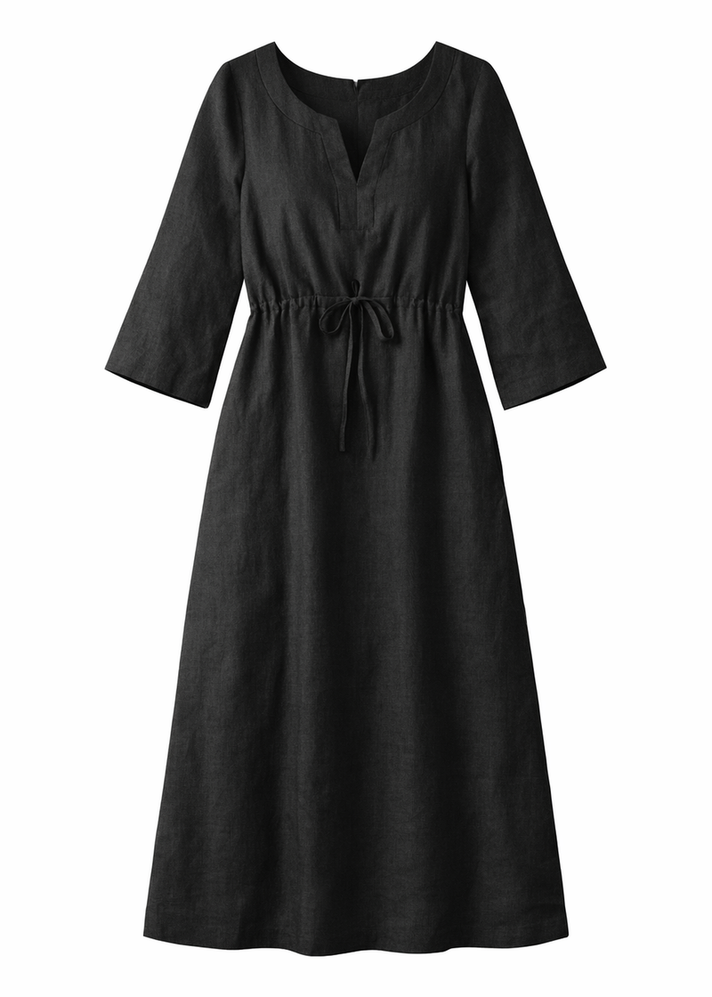 Gathered Empire-Waist Linen Midi Dress in Linen in Black — flat lay