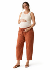 Barrel-Leg Under-Bump Drawstring Linen Pants in Linen in Clay — on model