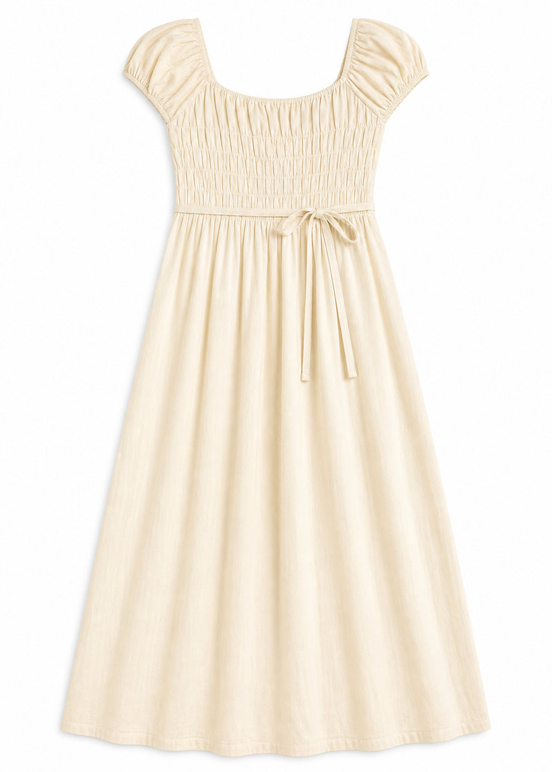 Smocked Bodice Maxi Dress in Cotton in Natural — flat lay