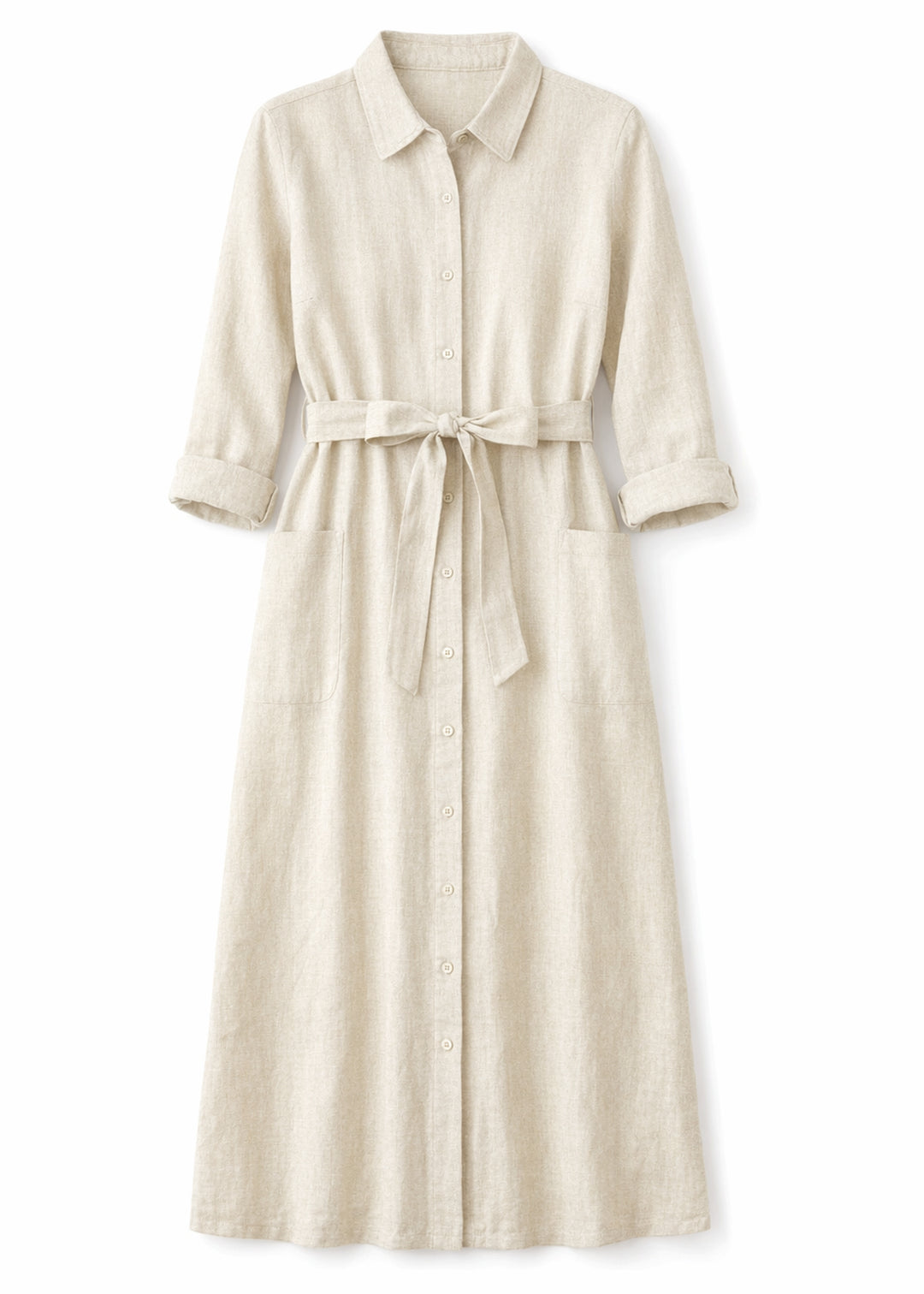 Button-Front Belted Nursing Linen Midi Shirtdress in Linen in Natural — flat lay