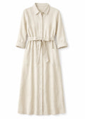 Button-Front Belted Nursing Linen Midi Shirtdress in Linen in Natural — flat lay