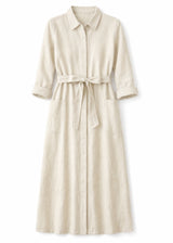 Button-Front Belted Nursing Linen Midi Shirtdress in Linen in Natural — flat lay