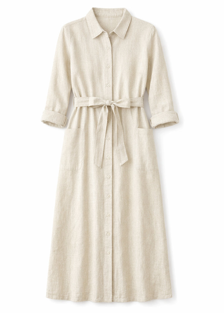 Button-Front Belted Nursing Linen Midi Shirtdress in Linen in Natural — flat lay