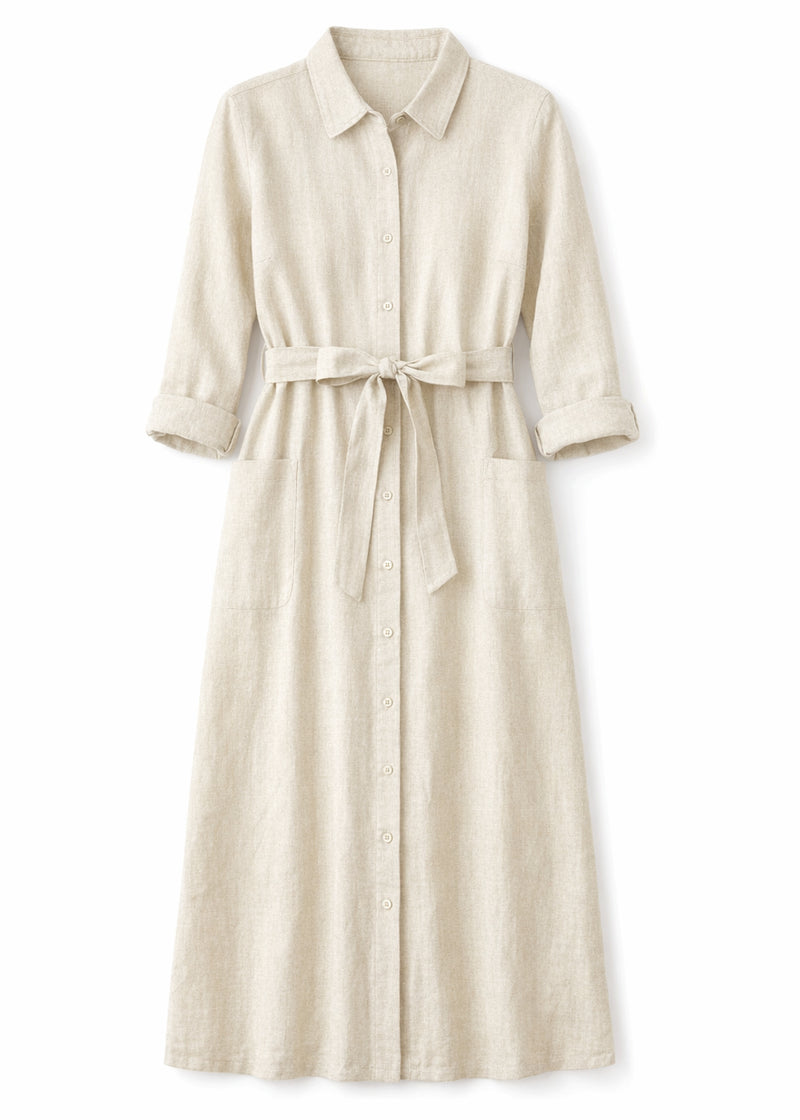 Button-Front Belted Nursing Linen Midi Shirtdress in Linen in Natural — flat lay