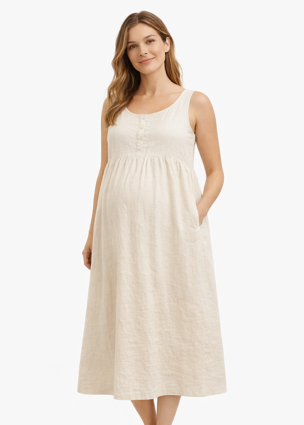 Sleeveless Empire-Waist Linen Maternity Maxi Dress in Linen in Natural — on model