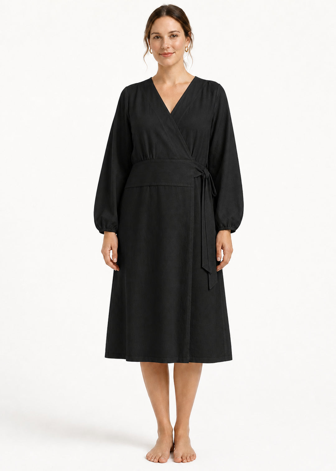 Long-Sleeve Wrap Robe in Black - on model