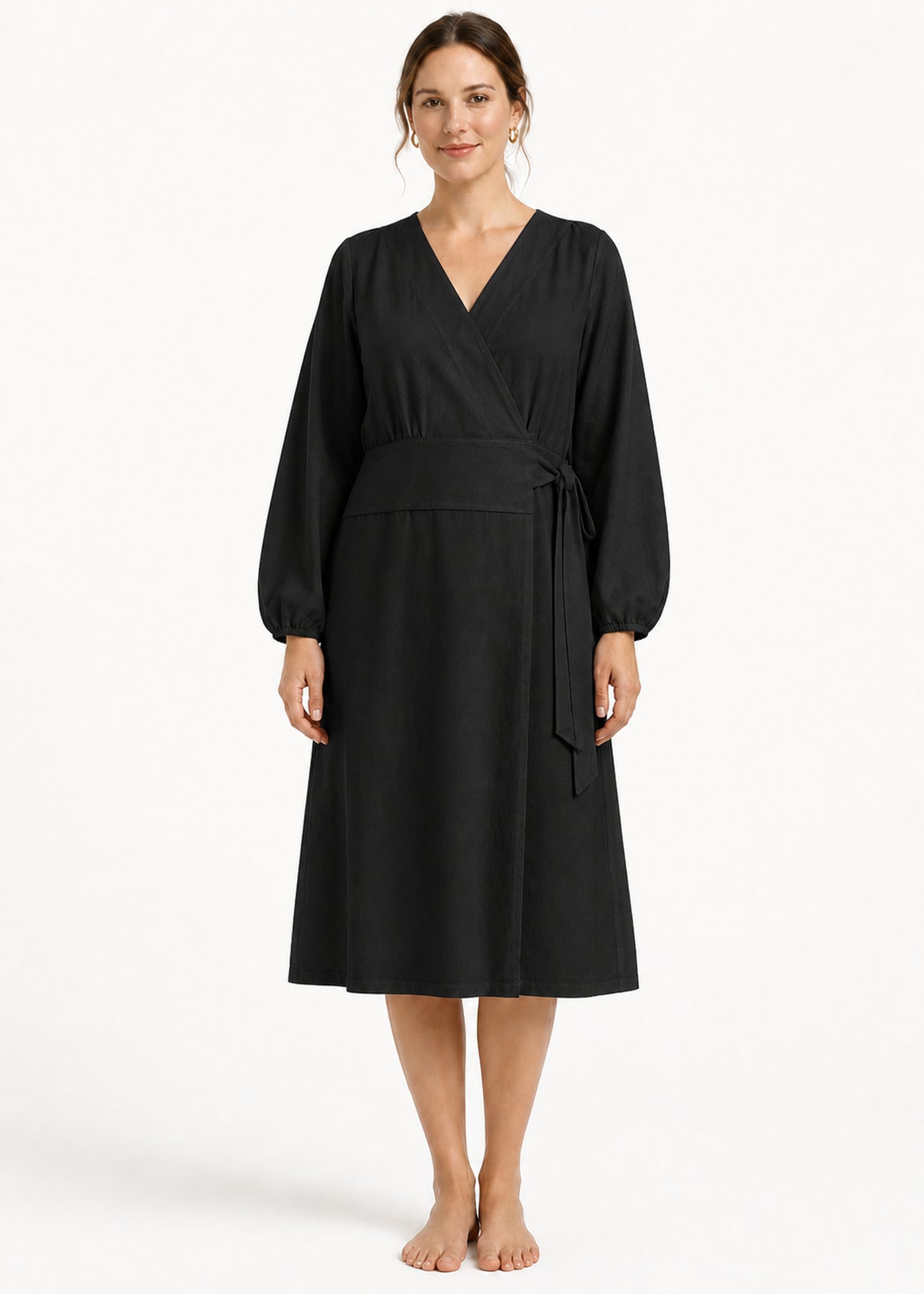 Long-Sleeve Wrap Robe in Black - on model