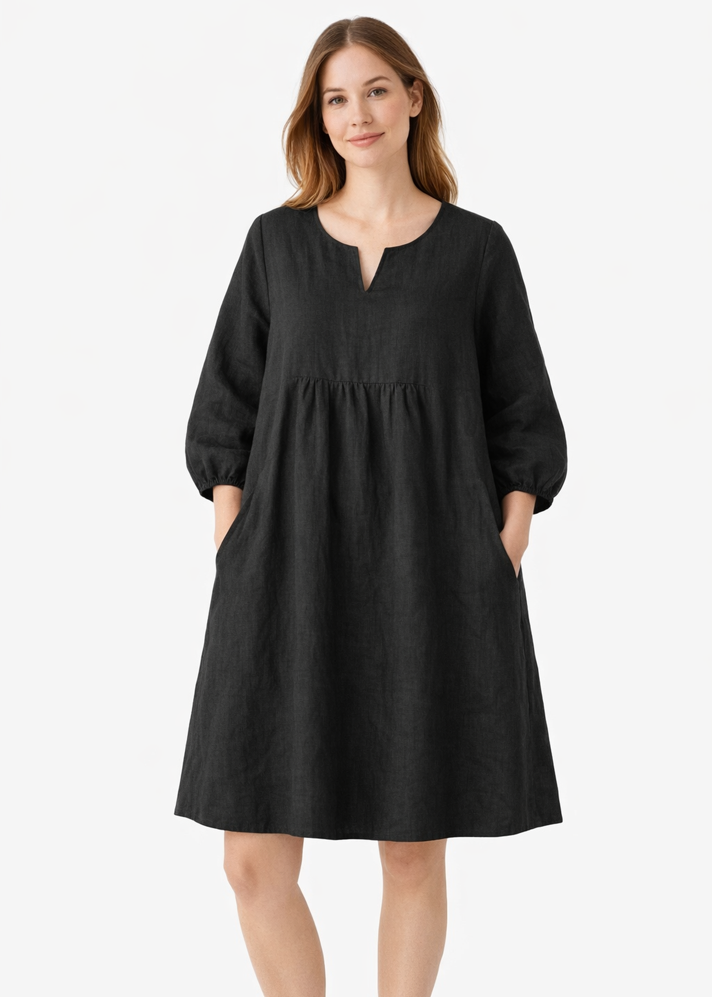 V-Neck Balloon-Skirt Linen Maternity Dress in Linen in Black — on model