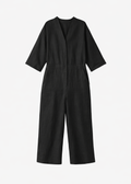 Button-Front Wide-Leg Linen Jumpsuit in Linen in Black — flat lay
