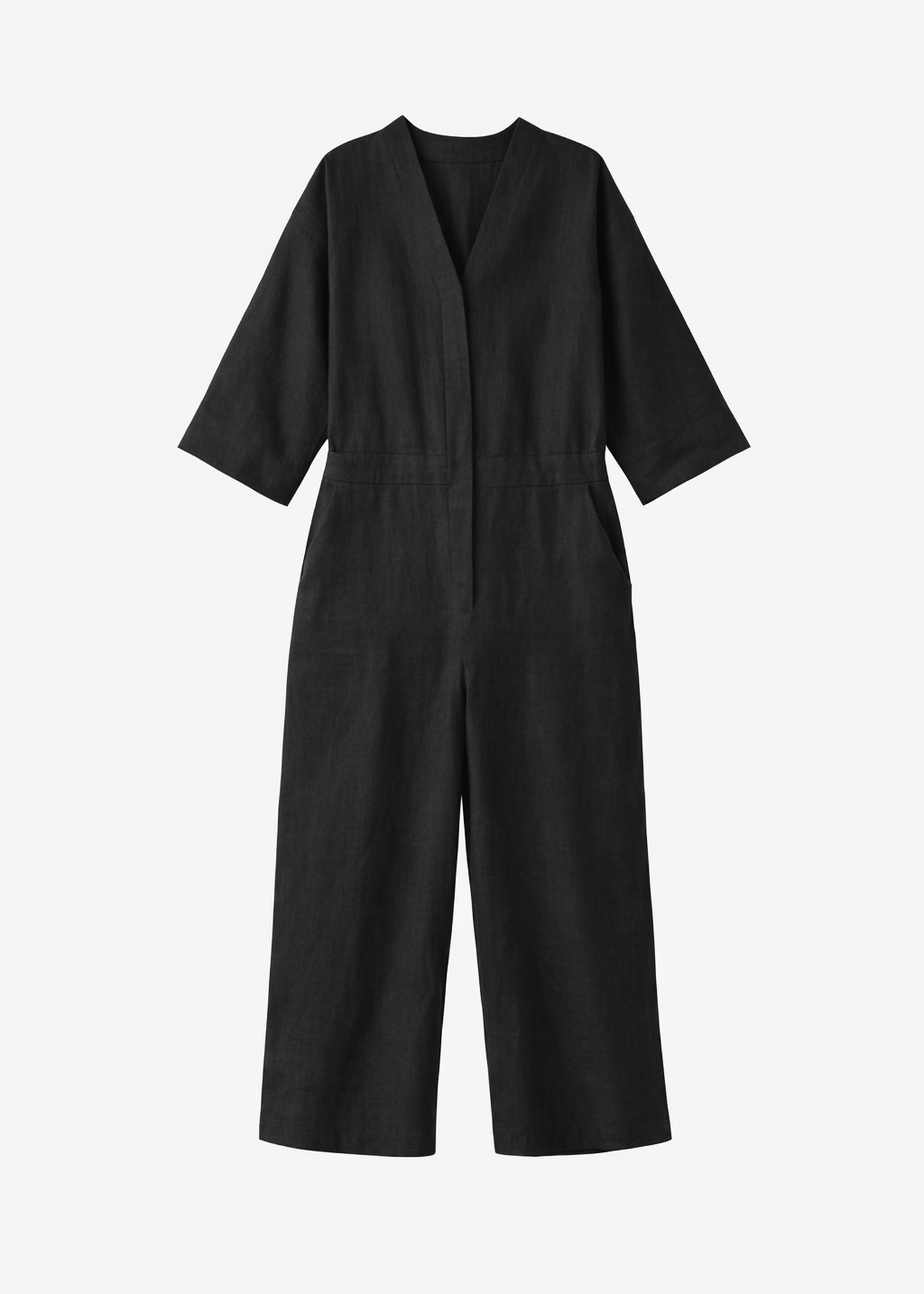 Button-Front Wide-Leg Linen Jumpsuit in Linen in Black — flat lay