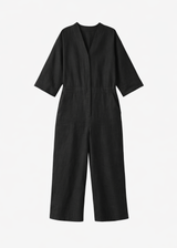 Button-Front Wide-Leg Linen Jumpsuit in Linen in Black — flat lay