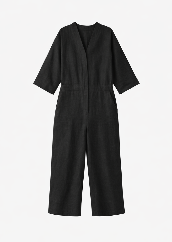 Button-Front Wide-Leg Linen Jumpsuit in Linen in Black — flat lay