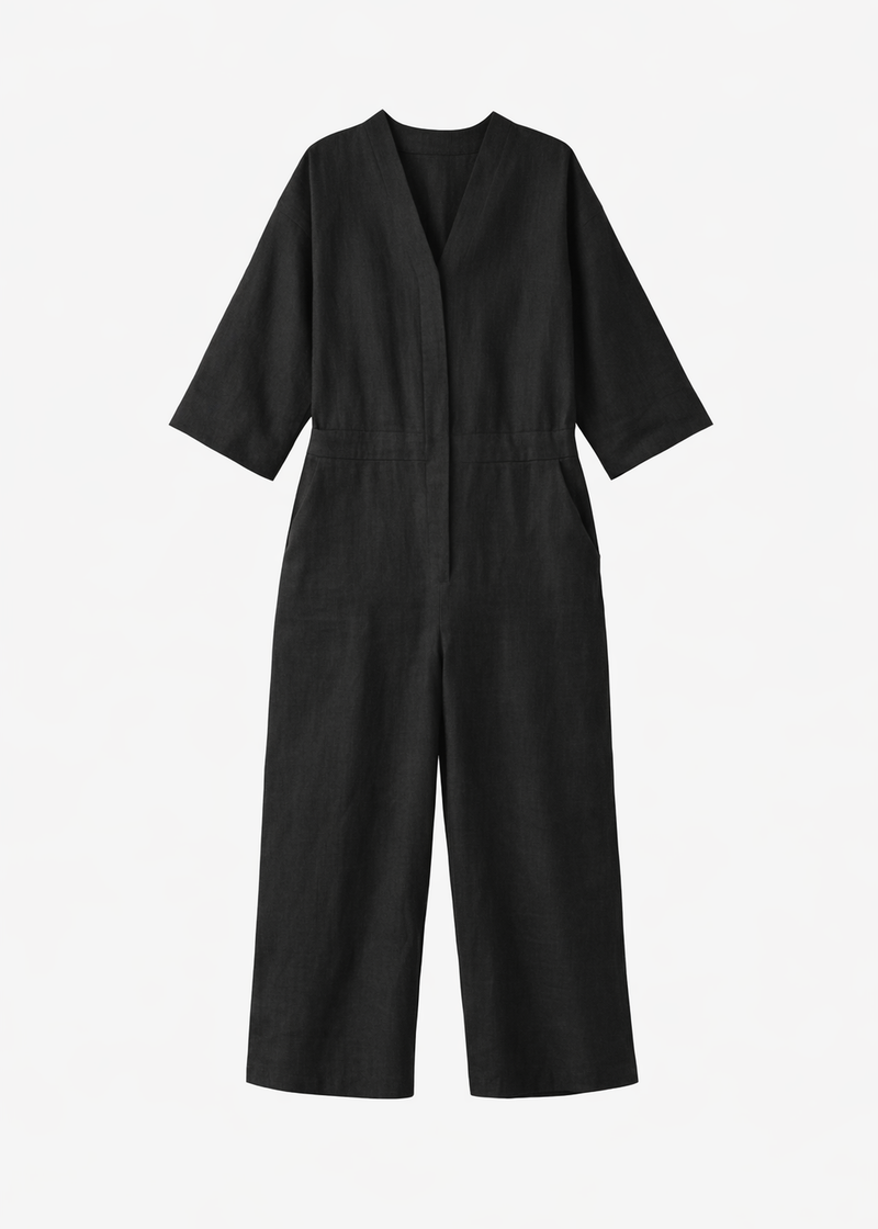 Button-Front Wide-Leg Linen Jumpsuit in Linen in Black — flat lay