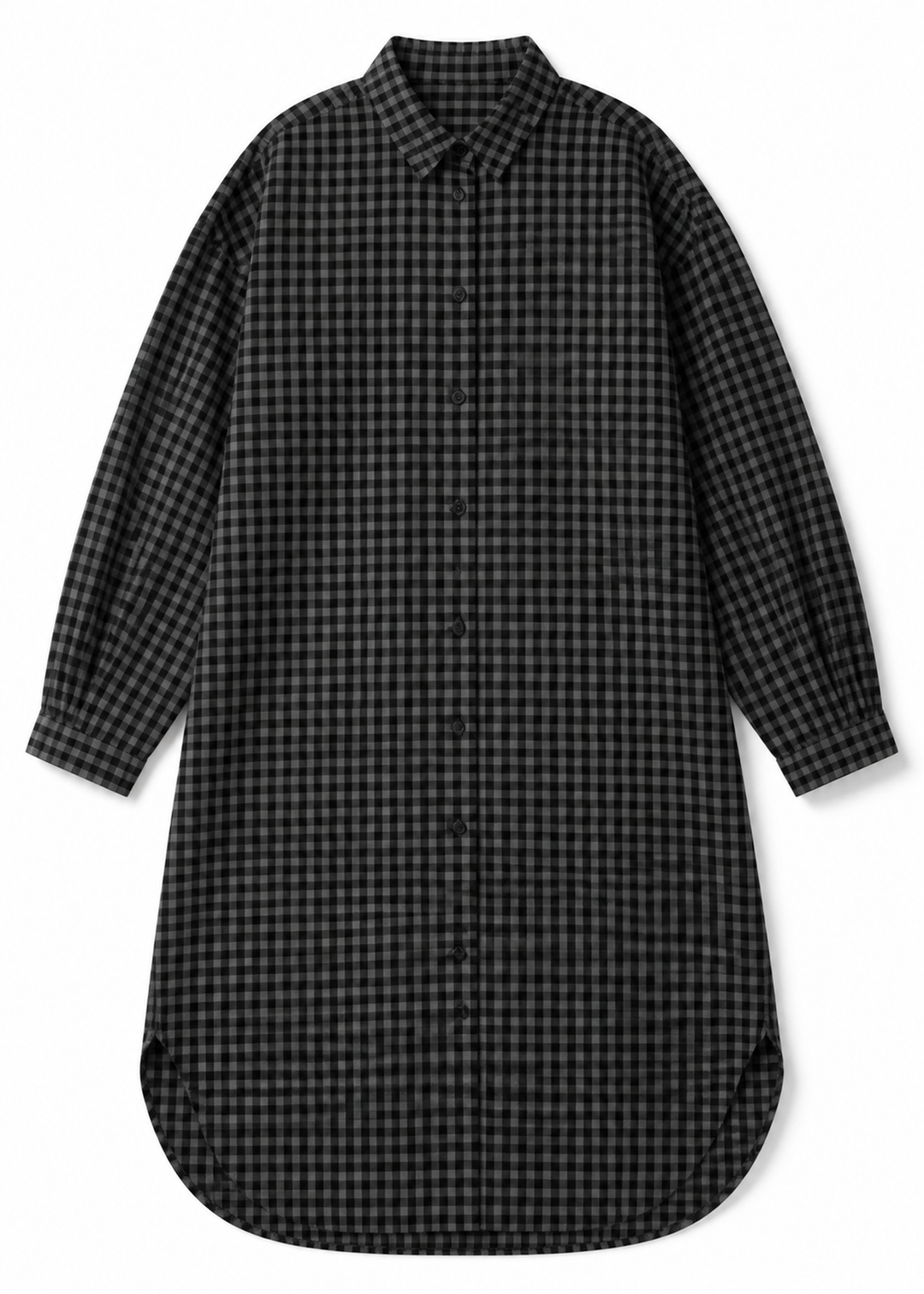 Gingham Long-Sleeve Shirt Dress in Linen in Black — flat lay