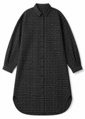 Gingham Long-Sleeve Shirt Dress in Linen in Black — flat lay