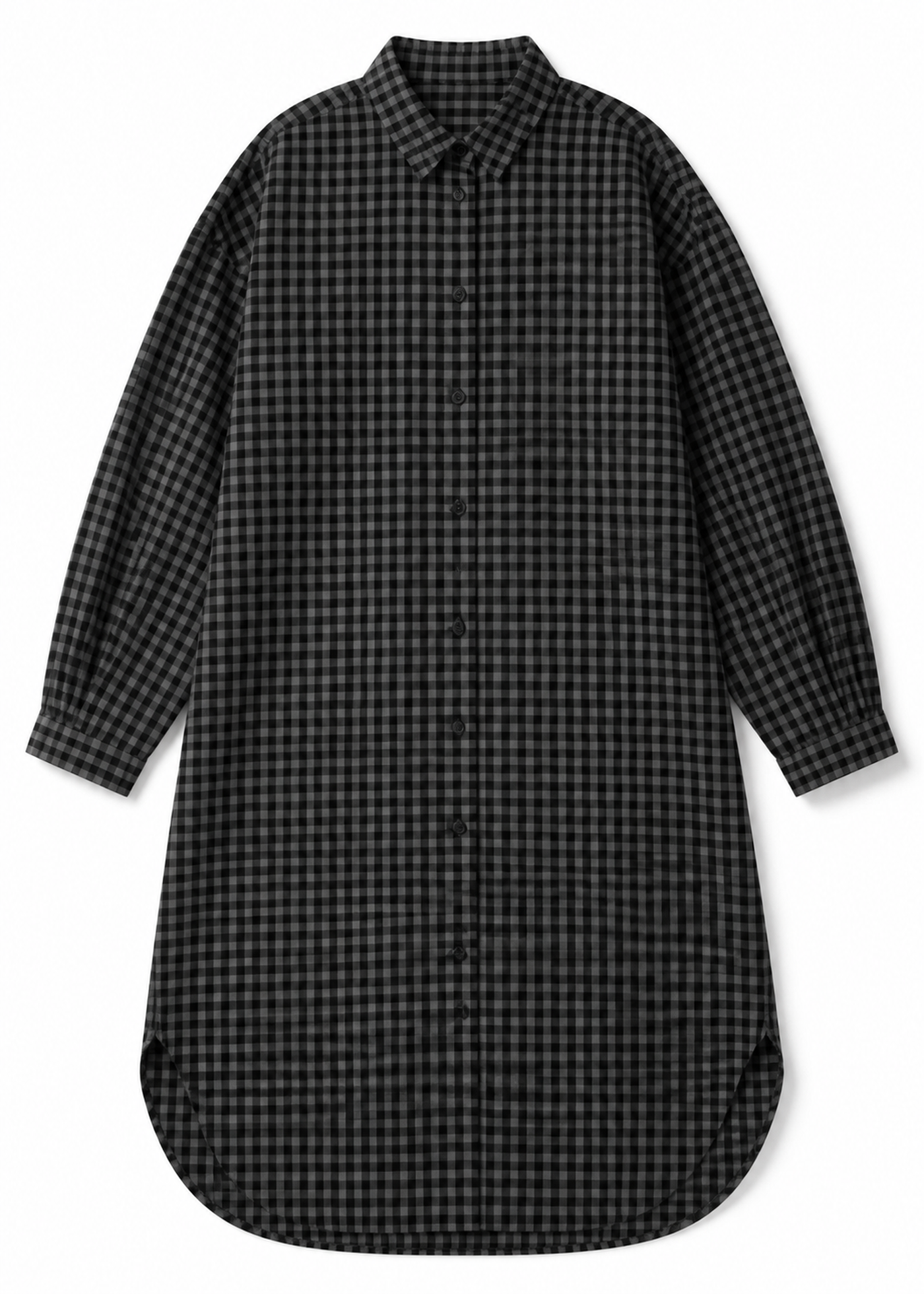 Gingham Long-Sleeve Shirt Dress in Linen in Black — flat lay