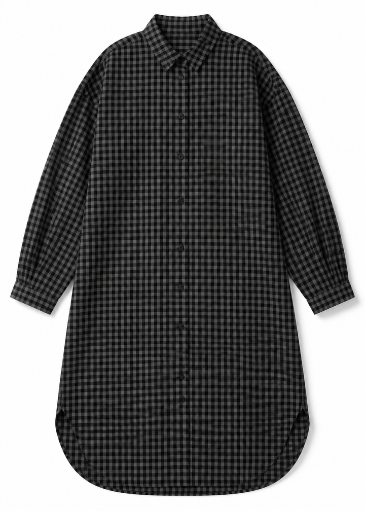 Gingham Long-Sleeve Shirt Dress in Linen in Black — flat lay