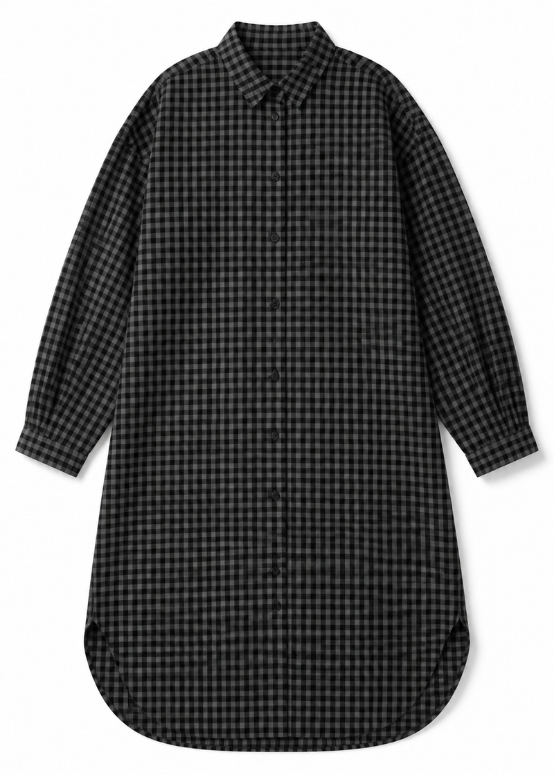 Gingham Long-Sleeve Shirt Dress in Linen in Black — flat lay