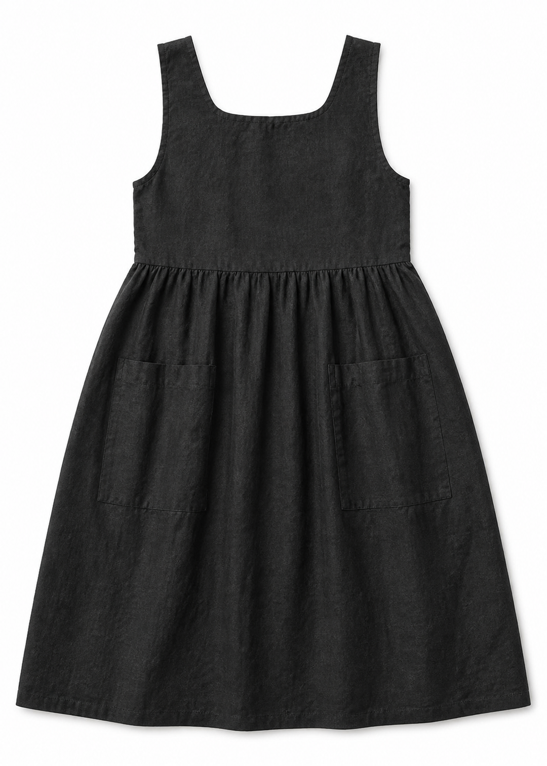 Linen Pinafore Midi Dress with Patch Pockets in Linen in Black — flat lay