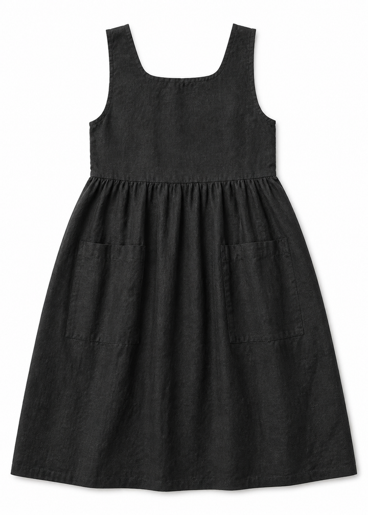 Linen Pinafore Midi Dress with Patch Pockets in Linen in Black — flat lay